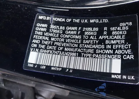 2018 Honda Civic Ex-L из США, поврежденный, VIN SHHFK7H73JU429861